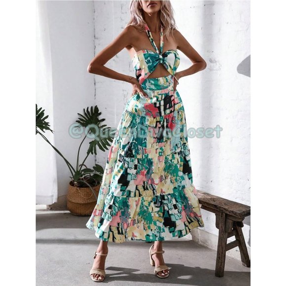 Vacation Allover Print Cut Out Front Ruffle Halter Backless Maxi Dress L 8/ 10 - Picture 5 of 6